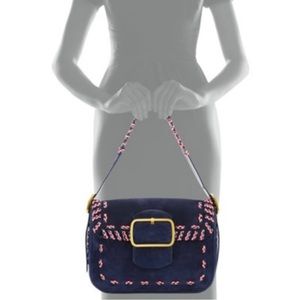 Navy Blue Suede Tory Burch Sawyer Stitch Shoulder Bag